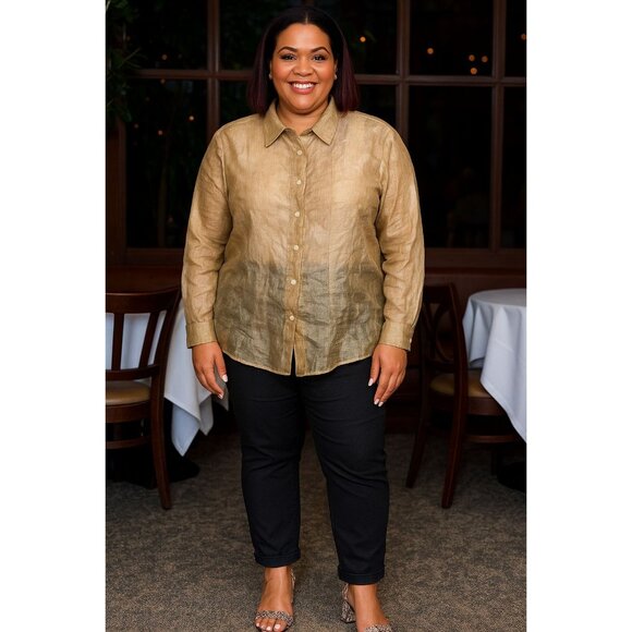 Ashley Stewart Plus Size 18/20 Sheer Top Button-Down Gold Blouse Long Sleeve - Picture 8 of 8